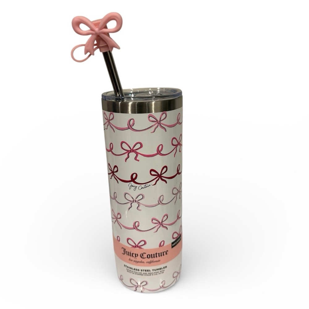 Juicy Couture Pink Bow Tumbler with Straw and straw topper NWT Valentine’s Day
